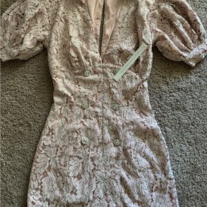 White and Pink Sheath Dress with Puff Sleeves and Plunge Neckline